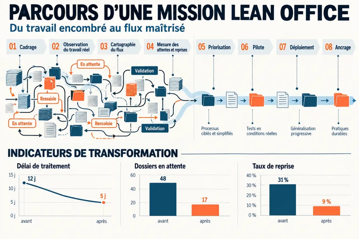 Infographie du parcours d’une mission de cabinet conseil Lean Office, du diagnostic à l’ancrage des améliorations
