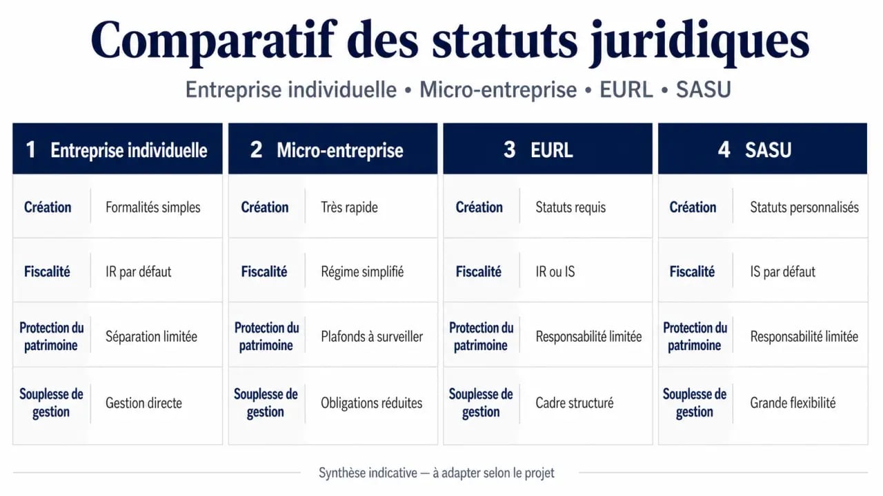 Avantage d une entreprise individuelle : comparatif visuel entre EI, micro-entreprise, EURL et SASU