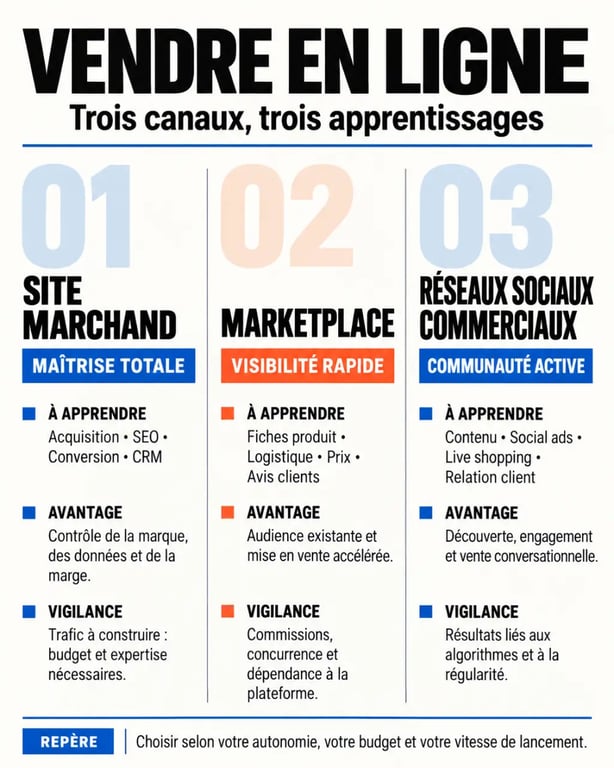 Infographie sur les canaux d’une formation vente en ligne : site marchand, marketplace et réseaux sociaux