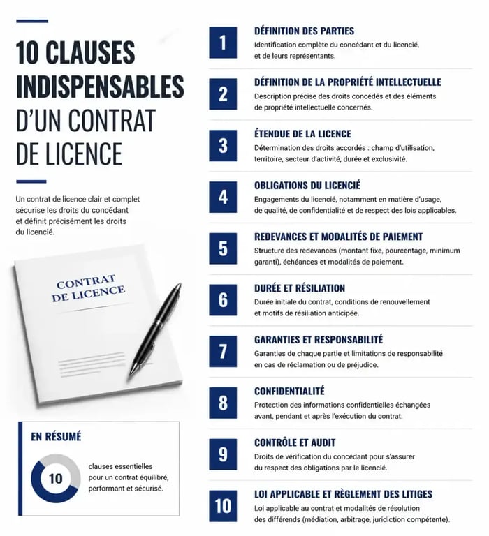 Les 10 clauses essentielles pour rédiger un contrat de licence sécurisé.