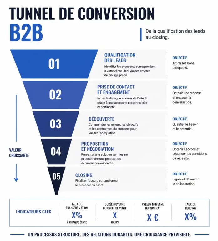 Schéma du tunnel de conversion pour un call center B2B optimisant la qualification des leads