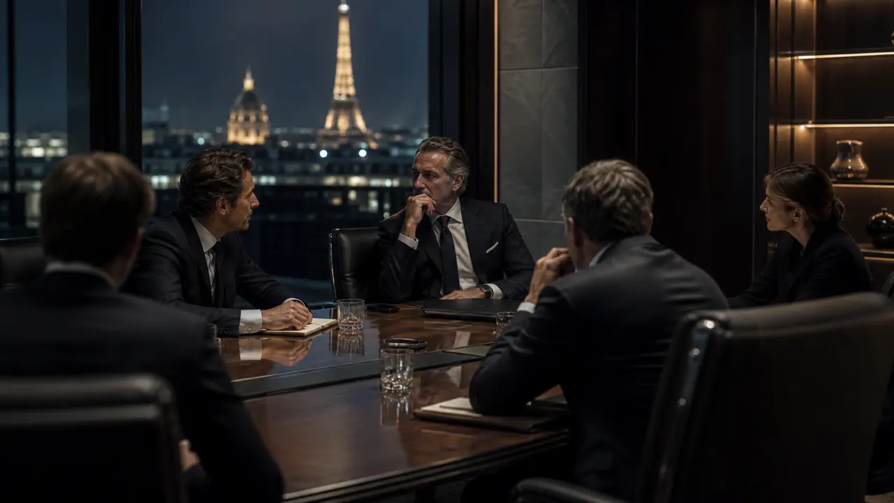 Réunion d'affaires de haut niveau dans une salle de conférence luxueuse avec vue panoramique au crépuscule