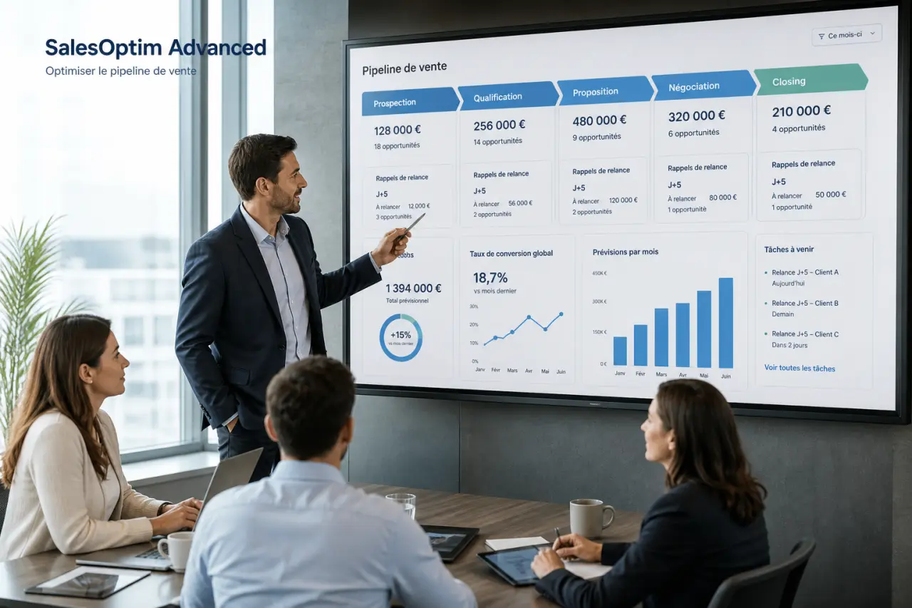 SalesOptim Advanced pour optimiser un pipeline de vente : étapes claires, relances J+5 et prévisions fiables