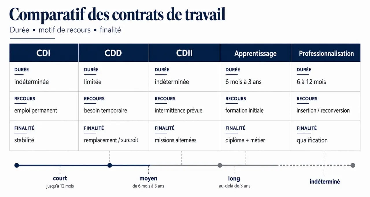 Différents types de contrat comparés dans une illustration éditoriale sobre