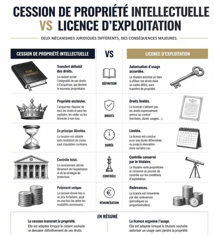 Tableau comparatif entre contrat de licence et cession de droits de propriété intellectuelle.