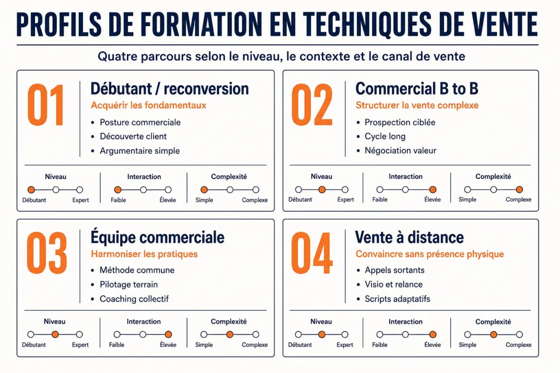 Formation en techniques de vente : comparatif des profils et formats de formation