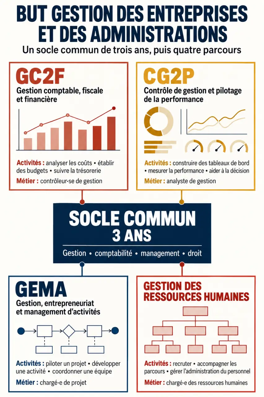 DUT gestion entreprise administration : infographie des quatre parcours du BUT GEA