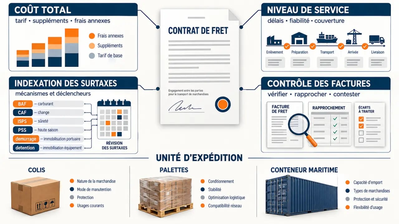 Infographie sur la négociation transport et les éléments du coût total d’un contrat de fret