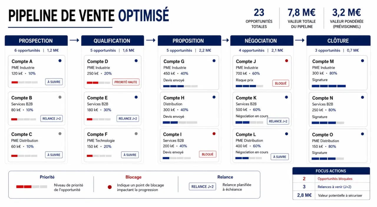 Optimiser pipeline vente salesoptim advanced avec schéma visuel des étapes commerciales et des blocages