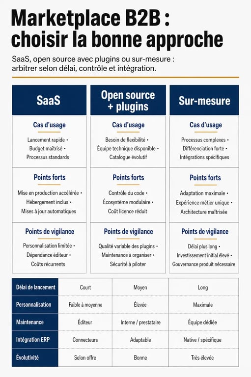 Solution marketplace B2B : comparaison visuelle entre SaaS, open source et sur-mesure
