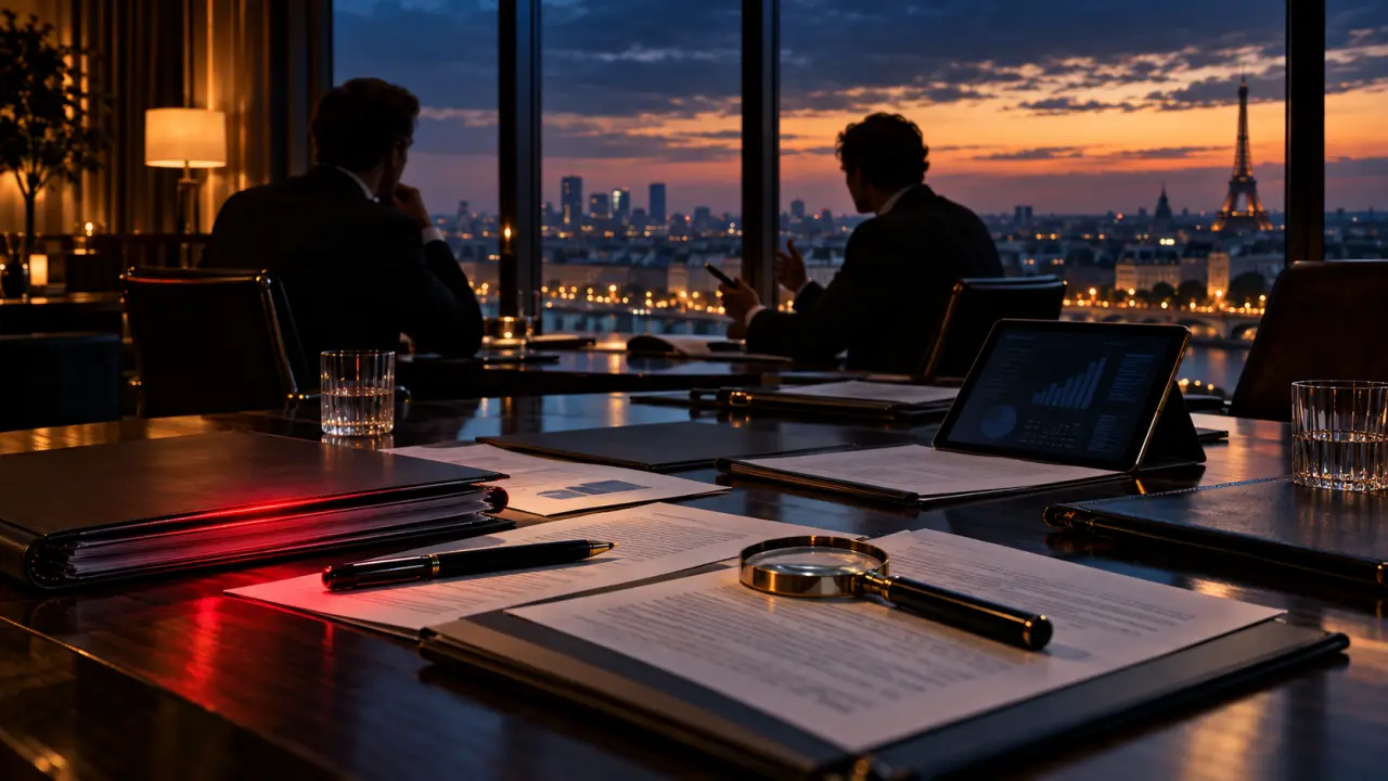 Réunion de dirigeants analysant une transaction B2B dans un cadre professionnel haut de gamme