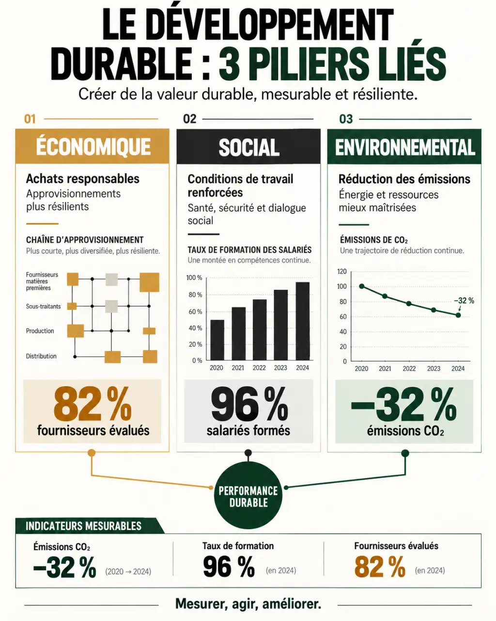 Entreprise développement durable : infographie des trois piliers économique, social et environnemental