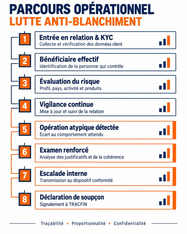 Infographie du parcours d'une formation lutte anti blanchiment, du KYC à la déclaration de soupçon