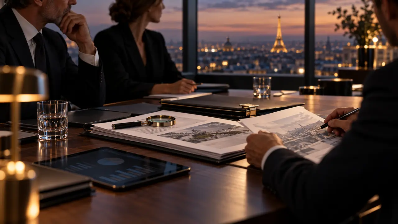 Dirigeants analysant des documents de transaction dans un cadre professionnel confidentiel