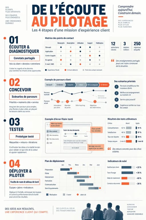 Infographie présentant la méthode d’un cabinet de conseil en expérience client, du diagnostic au déploiement