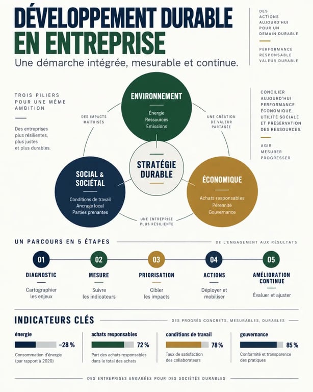 Infographie sur le développement durable dans les entreprises et ses trois piliers