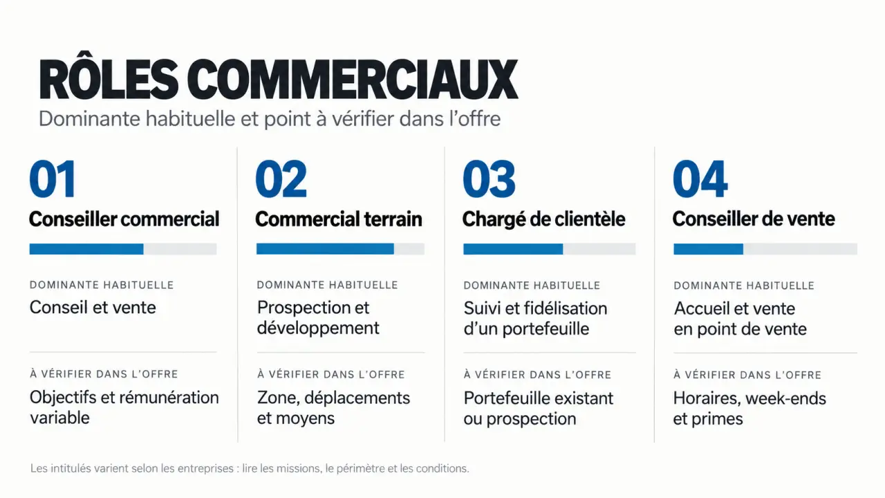 Conseiller commercial et métiers commerciaux proches : comparaison des missions et points à vérifier