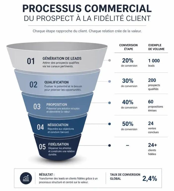Schéma du funnel de performances commerciales illustrant les étapes de conversion et de fidélisation