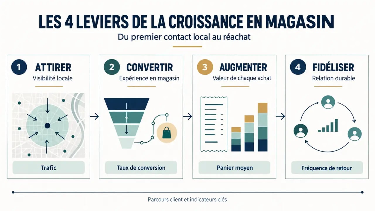 Les quatre leviers pour augmenter ses ventes en magasin : trafic, conversion, panier moyen et fidélisation